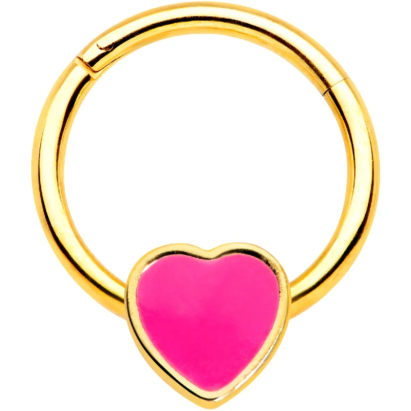 Tribal Nose Rings -16 Gauge 3/8 Gold Tone Pink Heart Hinged Segment Ring