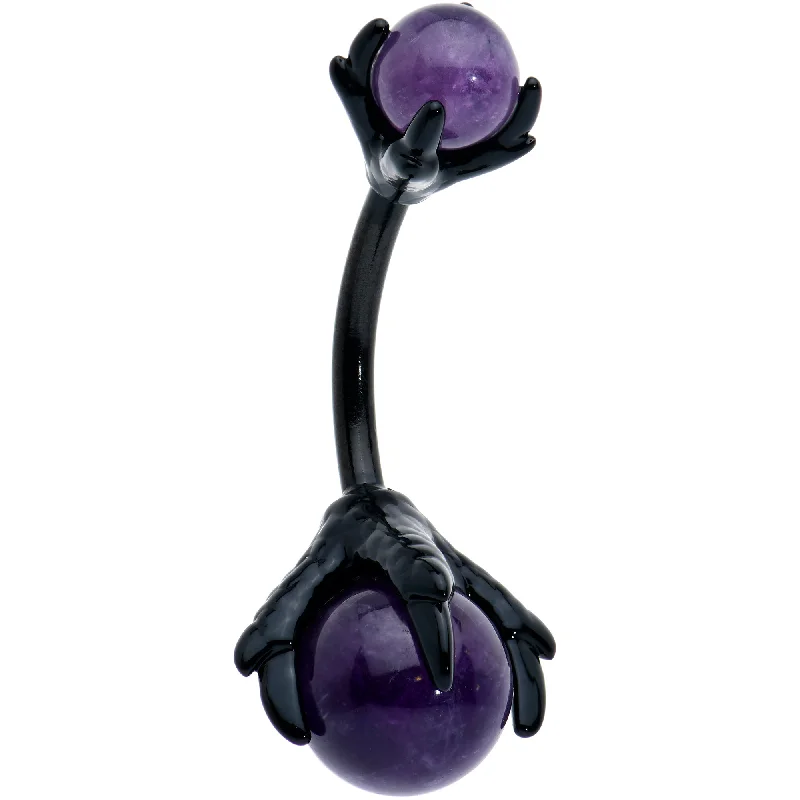 Belly Rings with Artistic Designs for Bold Fashion -Purple Amethyst Black Skeleton Hand Halloween Double Mount Belly Ring Belly Rings with Artistic Designs for Bold Fashion -Purple Amethyst Black Skeleton Hand Halloween Double Mount Belly Ring