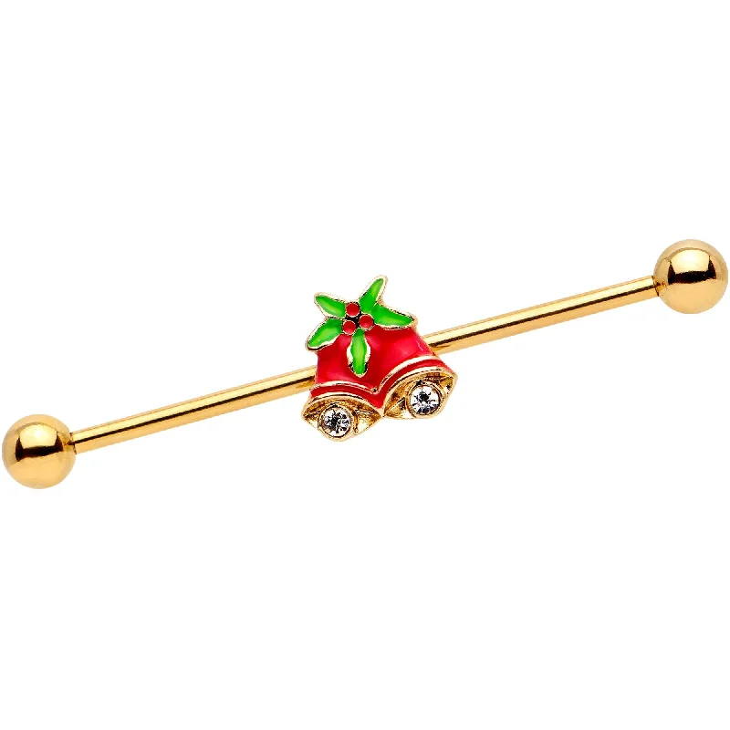 Women's Earrings – Elegant Designs for Every Personality--Clear Gem Gold PVD Red Christmas Bells Industrial Barbell 38mm Women's Earrings – Elegant Designs for Every Personality--Clear Gem Gold PVD Red Christmas Bells Industrial Barbell 38mm