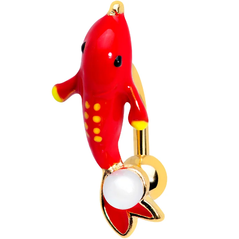 Trendy Belly Rings for Bold Fashionistas -Gold Tone Red Dolphin Top Mount Belly Ring