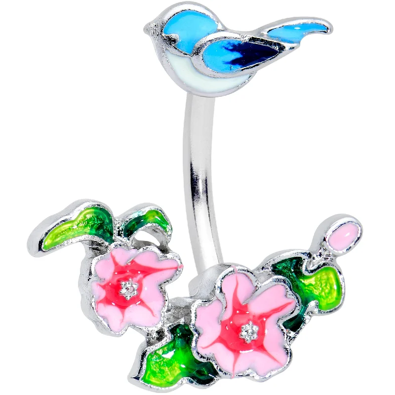 Comfortable Belly Rings with Chic Finish -Clear Gem Blue Bird Pink Flowers Double Mount Belly Ring Comfortable Belly Rings with Chic Finish -Clear Gem Blue Bird Pink Flowers Double Mount Belly Ring
