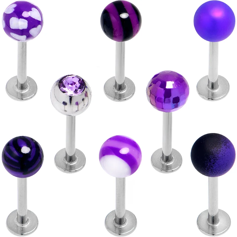Gold Lip Rings with Creative Designs16 Gauge 5/16 Purple Gem Stars Blue Labret Monroe Tragus Set of 8