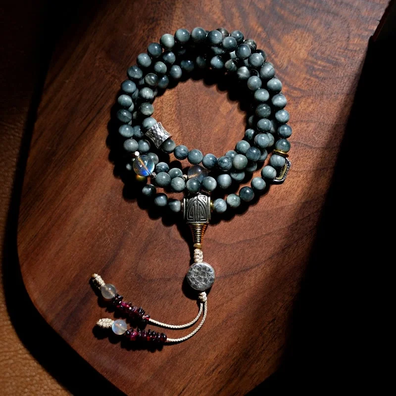 Stylish Men's Watches and Bracelets-Buddha Stones 925 Sterling Silver 108 Mala Beads Eagle's Eye Stone Moonstone Positive Bracelet Stylish Men's Watches and Bracelets-Buddha Stones 925 Sterling Silver 108 Mala Beads Eagle's Eye Stone Moonstone Positive Bracelet