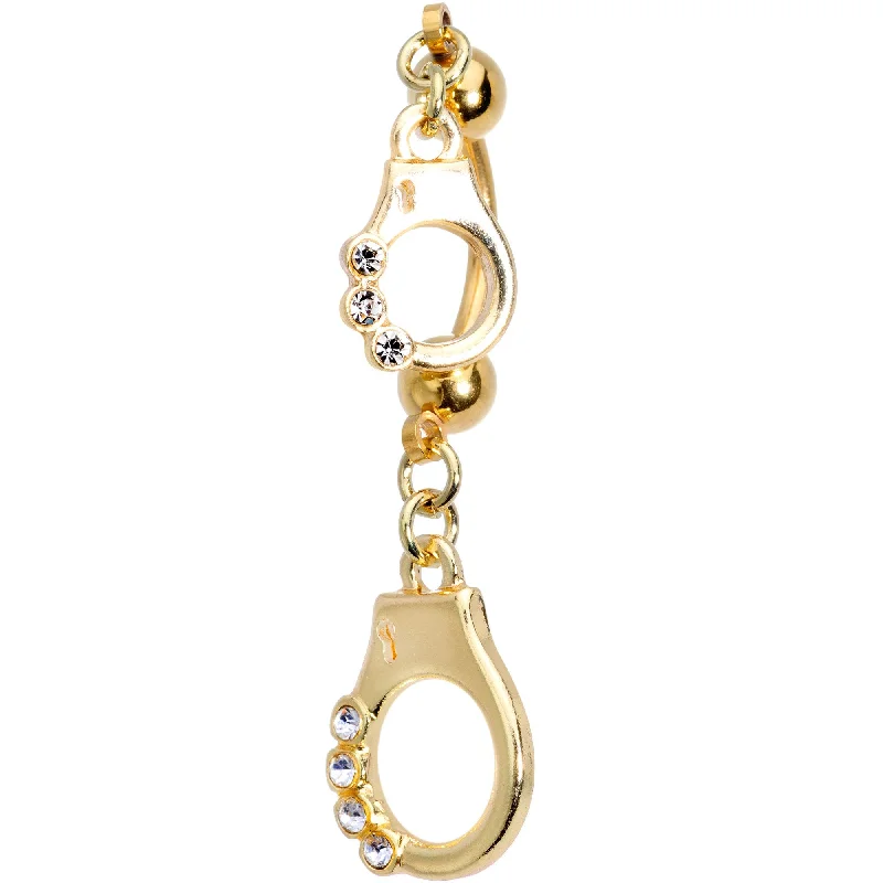 Comfortable Belly Rings for Modern Fashion -Clear Gem Gold PVD Handcuffed Double Mount Dangle Belly Ring Comfortable Belly Rings for Modern Fashion -Clear Gem Gold PVD Handcuffed Double Mount Dangle Belly Ring