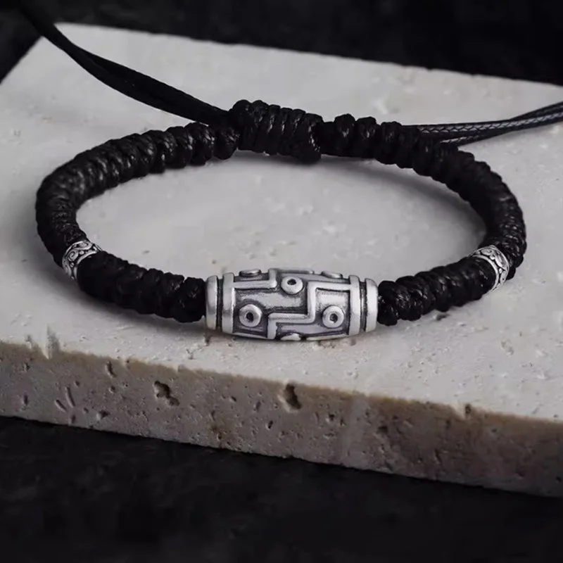 Slim Bracelets for Men with Engraving-Buddha Stones 999 Sterling Silver Nine-Eye Dzi Bead Pattern Blessing Rope Bracelet Slim Bracelets for Men with Engraving-Buddha Stones 999 Sterling Silver Nine-Eye Dzi Bead Pattern Blessing Rope Bracelet