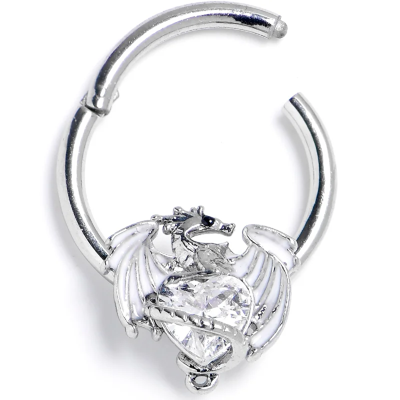 Elegant Silver Nose Rings -16 Gauge 3/8 Clear Gem Heart ofDragon Hinged Segment Ring Elegant Silver Nose Rings -16 Gauge 3/8 Clear Gem Heart ofDragon Hinged Segment Ring