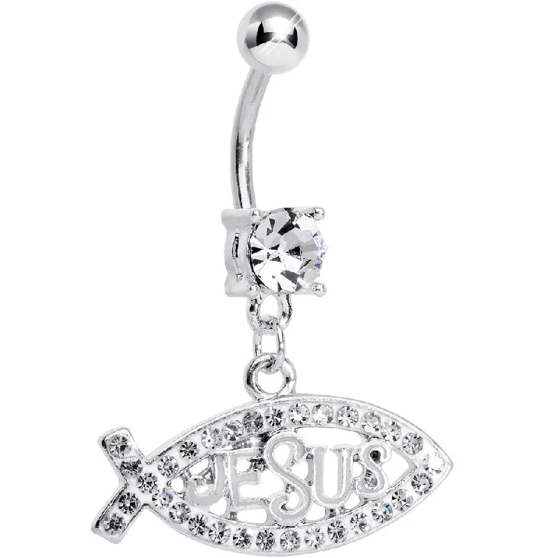 Trendy Belly Rings for Fashion-Loving Women -Crystalline Gem Paved Christian Jesus Fish Dangle Belly Ring Trendy Belly Rings for Fashion-Loving Women -Crystalline Gem Paved Christian Jesus Fish Dangle Belly Ring