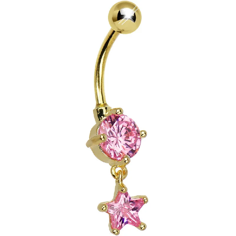 Beautiful Belly Rings for Statement Fashion -Gold Plated Pink Gem Single Star Drop Belly Ring Beautiful Belly Rings for Statement Fashion -Gold Plated Pink Gem Single Star Drop Belly Ring