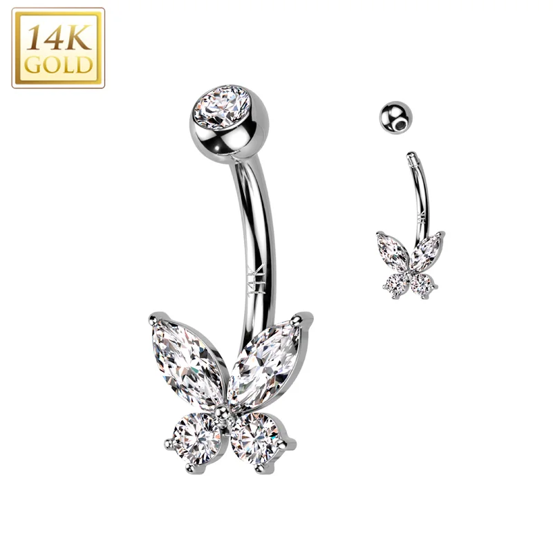 Comfortable Belly Rings for Statement Fashion -14kt Solid White Gold Cubic Zirconia Butterfly Belly Ring Comfortable Belly Rings for Statement Fashion -14kt Solid White Gold Cubic Zirconia Butterfly Belly Ring
