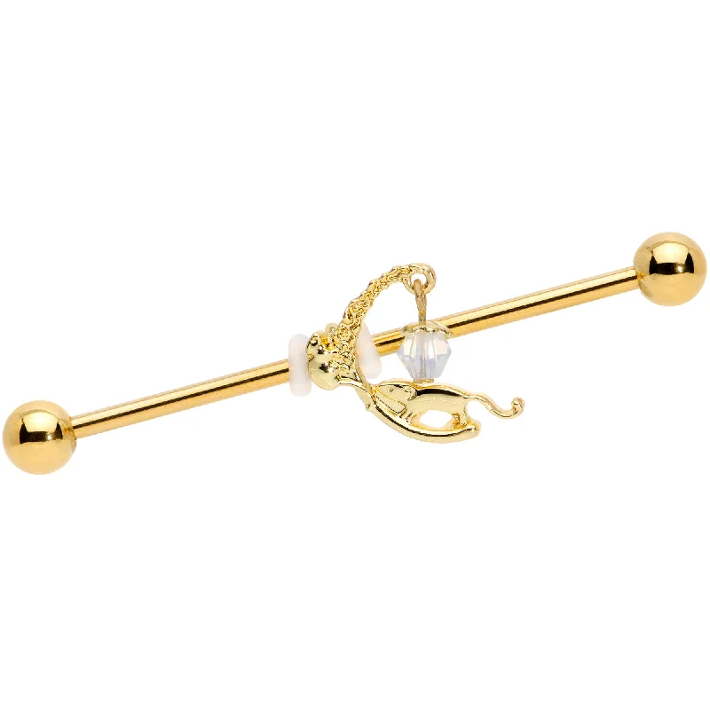 Women's Earrings – Elegant Designs for Every Personality--14 Gauge Clear Gem Gold Tone Mouse Moon Industrial Barbell 38mm