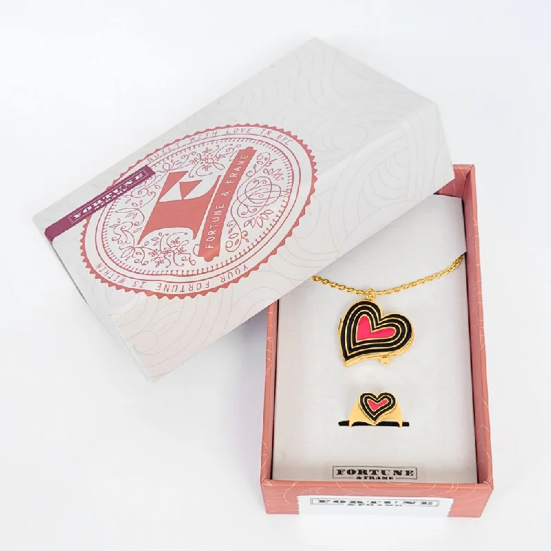 Chic Women's Rings for Fashion-Forward Looks-Deco Heart Locket & Signet Ring Gift Set (Onyx & Pink) - Gold