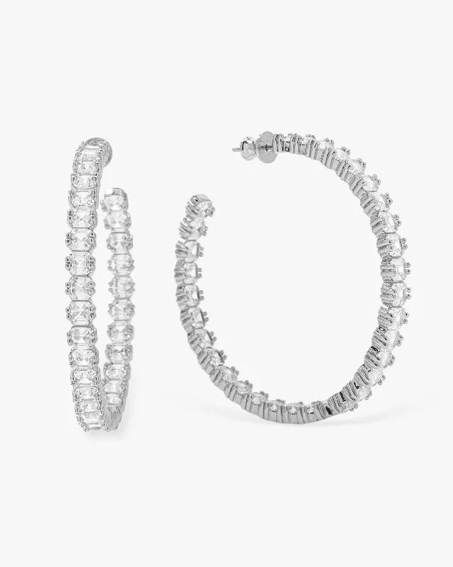 Women's Earrings – Elegant Designs for Every Personality--The Queen's Hoops 2" - Silver|White Diamondettes