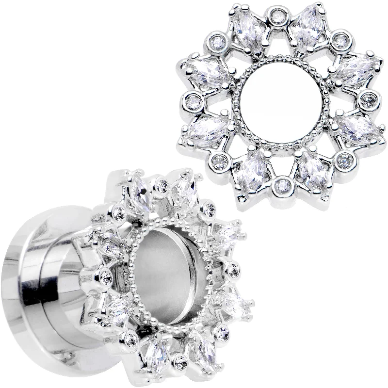 Women's Earrings – Elegant Designs for Every Personality--0 Gauge Clear Gem Flower Frame Screw Fit Tunnel Plug Set
