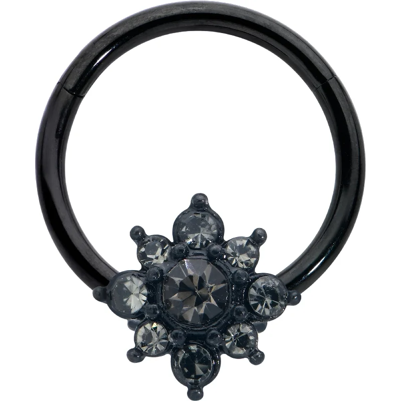 Nose Rings for Elegant Appeal -16 Gauge 3/8 Clear Black Gem Evening Flower Hinged Segment Ring Nose Rings for Elegant Appeal -16 Gauge 3/8 Clear Black Gem Evening Flower Hinged Segment Ring