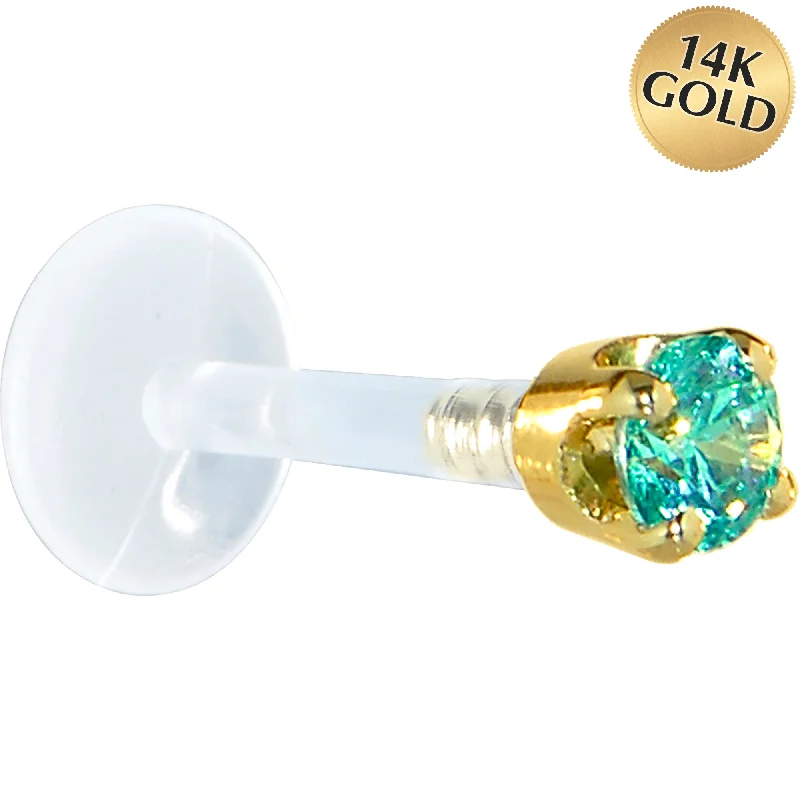 Women's Earrings – Elegant Designs for Every Personality--16 Gauge 5/16 Solid 14KT Yellow Gold 3mm Mint Green Cubic Zirconia Bioplast Tragus Earring Stud