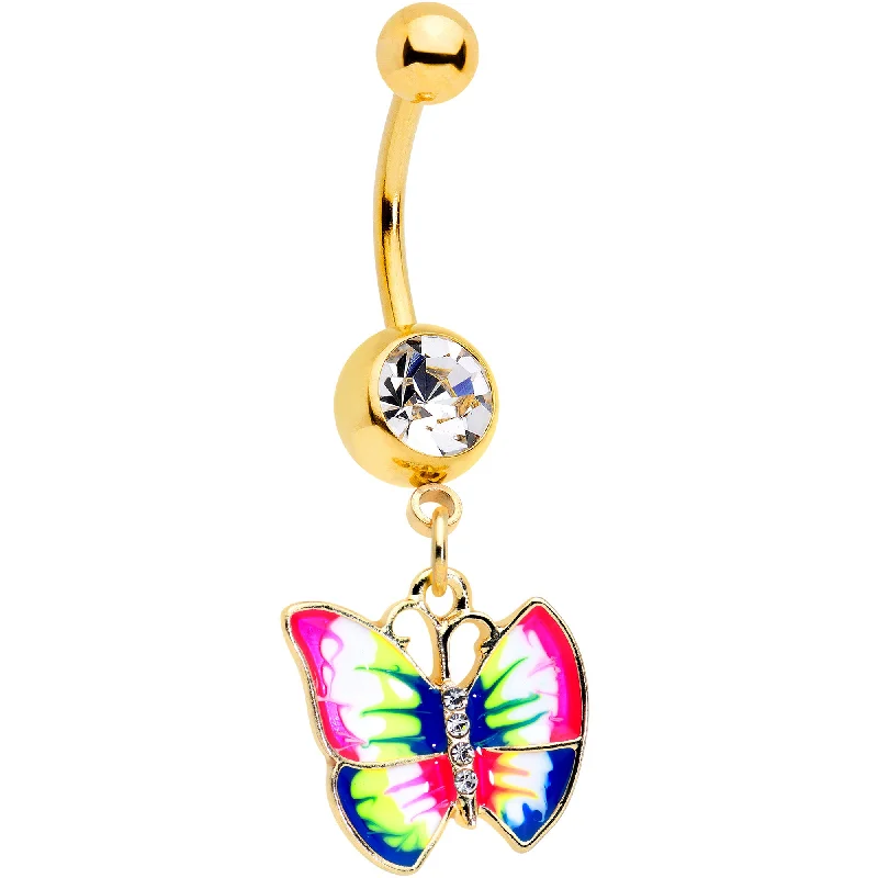 Trendy Belly Rings for Fashion-Forward Women -Clear Gem Gold Tone Bright Rainbow Butterfly Dangle Belly Ring Trendy Belly Rings for Fashion-Forward Women -Clear Gem Gold Tone Bright Rainbow Butterfly Dangle Belly Ring