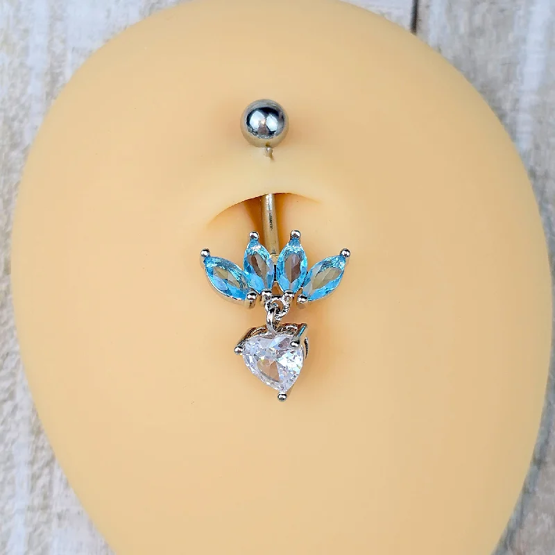 Bold Belly Rings for Statement Fashion -Blue Clear Gem Quartet Heart Dangle Belly Ring Bold Belly Rings for Statement Fashion -Blue Clear Gem Quartet Heart Dangle Belly Ring