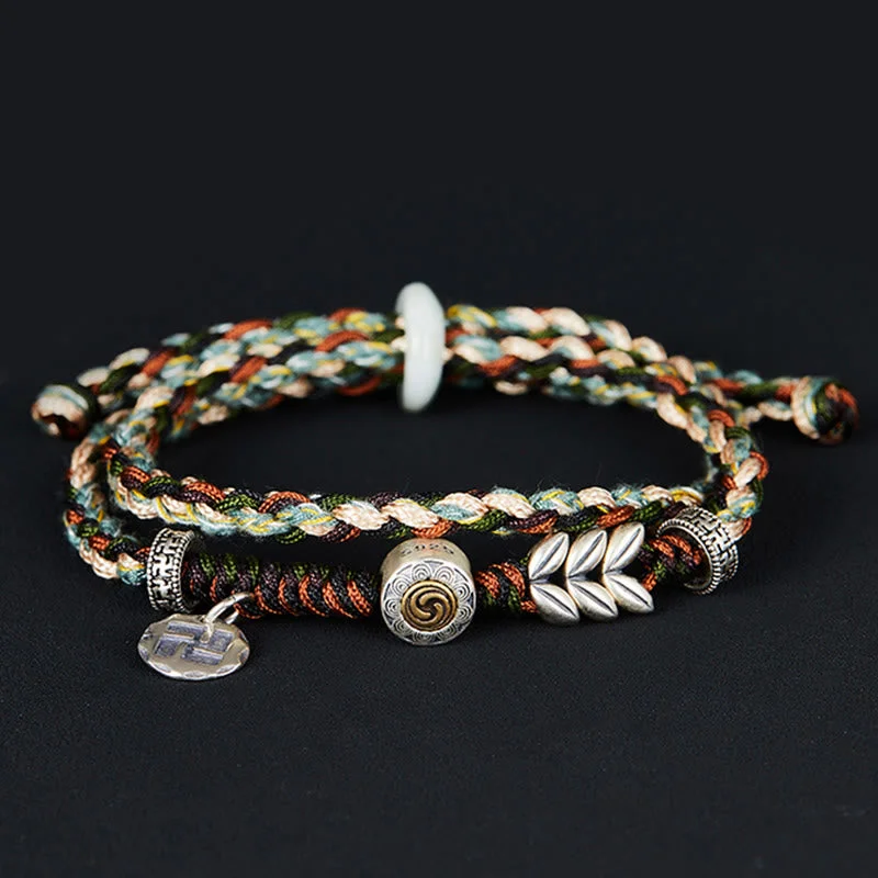 Cool Bracelets with Metal Details for Men-Buddha Stones 925 Sterling Silver Swastika Wheat Pattern Handmade Luck Bracelet Cool Bracelets with Metal Details for Men-Buddha Stones 925 Sterling Silver Swastika Wheat Pattern Handmade Luck Bracelet