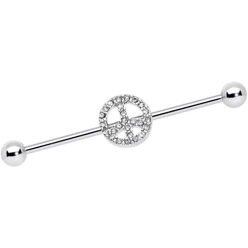 Women's Earrings – Elegant Designs for Every Personality--14 Gauge Clear Gem Peace Sign Industrial Barbell 38mm