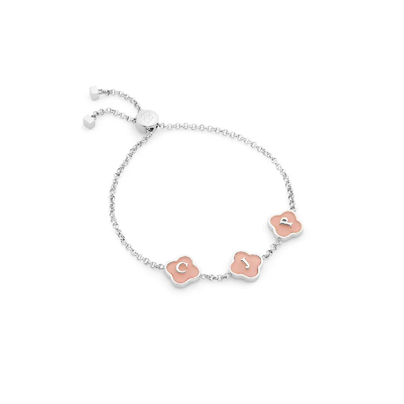 Simple Bangle Bracelets for Women-Rose Quartz Clover Custom Name Bracelet (Silver)