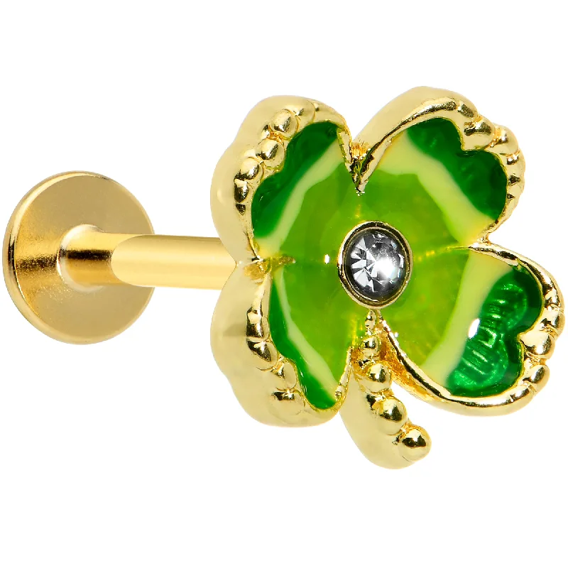 Unique Lip Rings for Stylish Piercings16 Gauge 5/16 Clear Gem Gold Tone Lucky Shamrock Labret Monroe Tragus