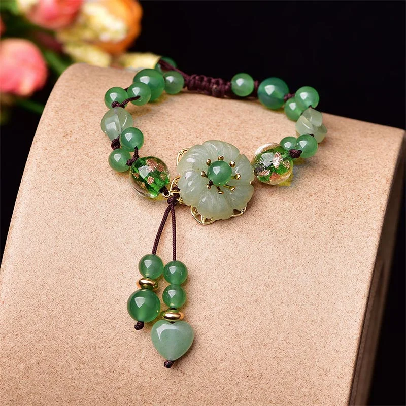 Sparkling Gold Bangles for Women-Buddha Stones Natural Green Jade Luck Dangling Flower Bracelet Sparkling Gold Bangles for Women-Buddha Stones Natural Green Jade Luck Dangling Flower Bracelet