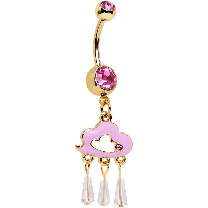 Comfortable Belly Rings for Statement Fashion -Pink Gem Gold Anodized Drops of Pink Rain Cloud Dangle Belly Ring