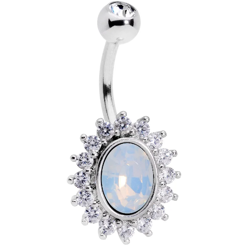 Elegant Belly Rings with Glittering Gems -Clear CZ Gem White Faux Opal Framed Belly Ring Elegant Belly Rings with Glittering Gems -Clear CZ Gem White Faux Opal Framed Belly Ring