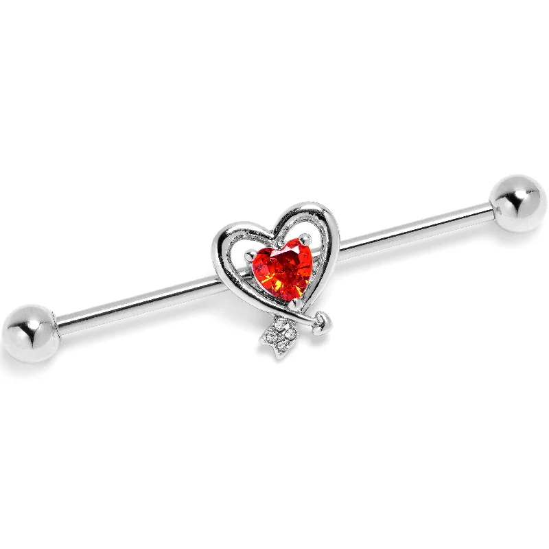 Women's Earrings – Elegant Designs for Every Personality--14 Gauge Red CZ Gem Wrapped in Heart Industrial Barbell 38mm