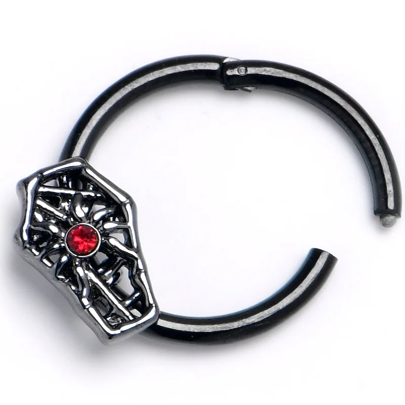 Comfortable and Stylish Nose Rings -16 Gauge 3/8 Red Gem Black Spider Coffin Hinged Segment Ring