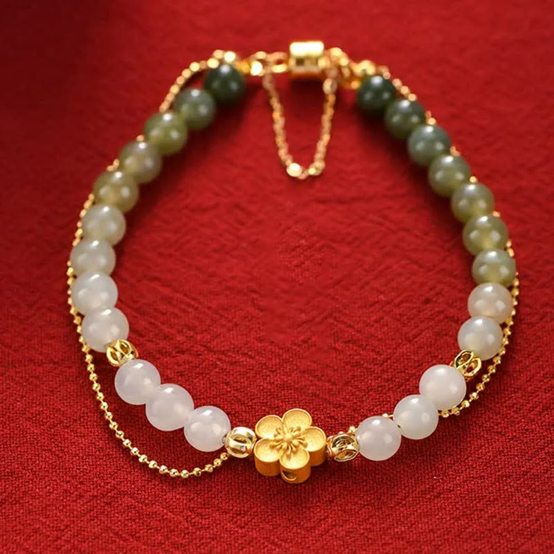 Women's Stylish Wedding Bangles-Buddha Stones 925 Sterling Silver Natural Hetian Jade Peach Blossom Luck Chain Bracelet