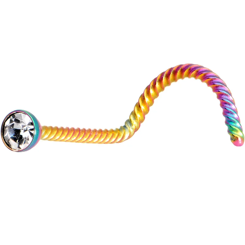 Premium Nose Rings -Clear 2mm Gem Inlay Rainbow IP Twisted Left Nose Screw