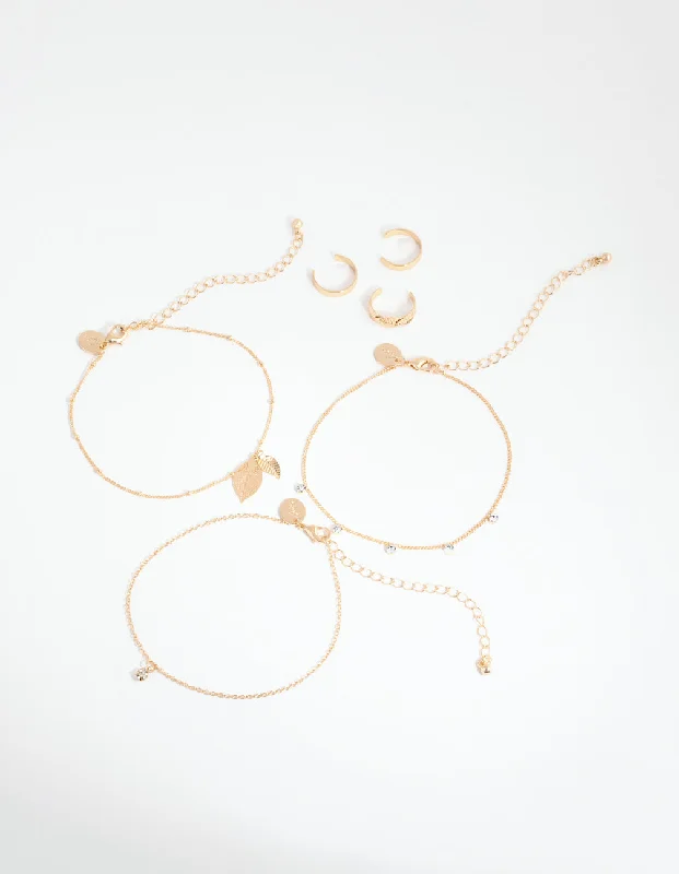 Customizable Anklets for Personalized Fashion-Gold Leaf Anklet & Toe Ring 6-Pack Set Customizable Anklets for Personalized Fashion-Gold Leaf Anklet & Toe Ring 6-Pack Set