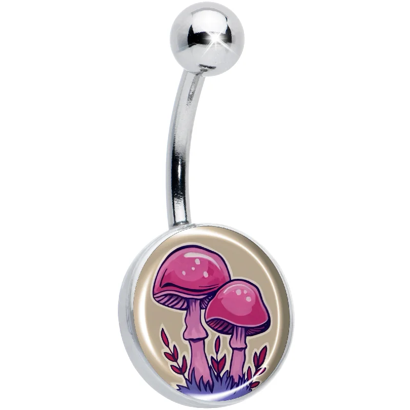Gorgeous Belly Rings for Stunning Style -Artist Drawn Pink Mushrooms Belly Ring