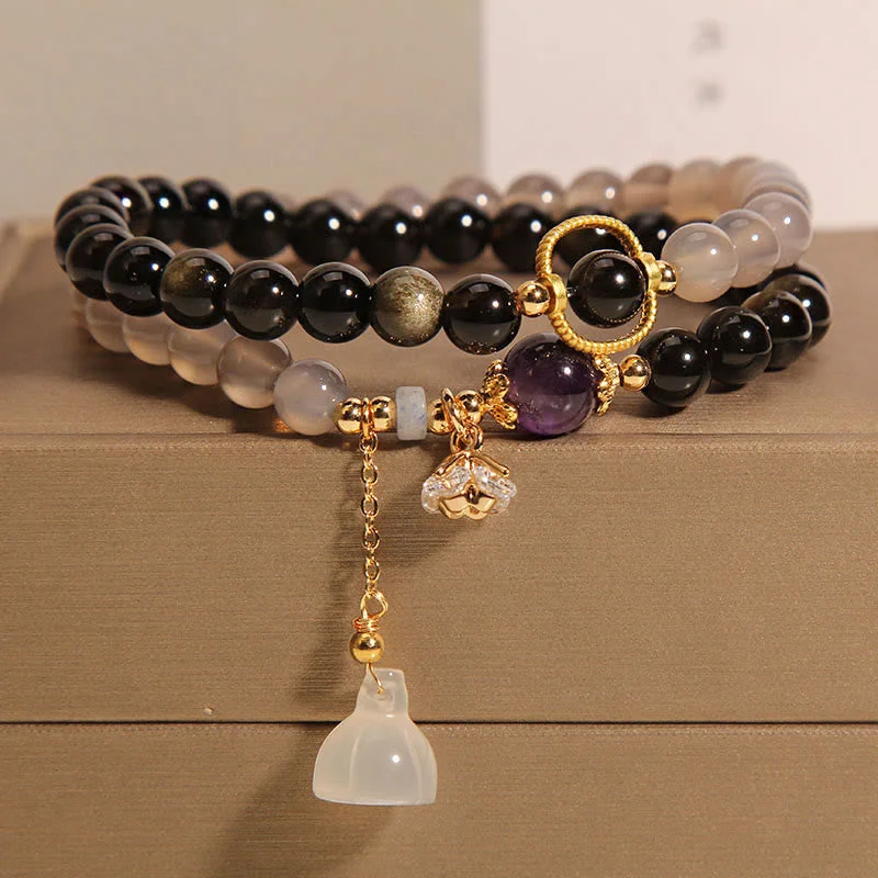 Fashionable Bangles for Women-Buddha Stones Gold Sheen Obsidian Gray Agate Lotus Charm Strengthen Double Wrap Bracelet Fashionable Bangles for Women-Buddha Stones Gold Sheen Obsidian Gray Agate Lotus Charm Strengthen Double Wrap Bracelet