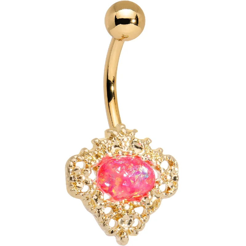 Trendy Belly Rings for Bold Looks -Pink Faux Opal Gold Anodized Regally Flowered Frame Belly Ring Trendy Belly Rings for Bold Looks -Pink Faux Opal Gold Anodized Regally Flowered Frame Belly Ring