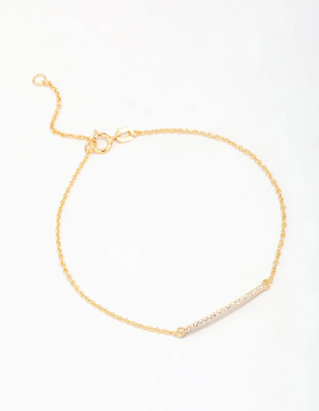 Simple Sterling Silver Bangles for Women-Gold Plated Sterling Silver Cubic Zirconia Fine Bar Chain Bracelet