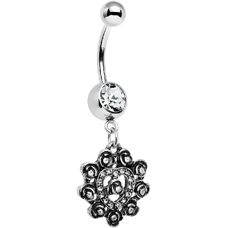 Trendy Belly Rings for Chic Look -Clear Gem Rose Ring Flower Heart Dangle Belly Ring Trendy Belly Rings for Chic Look -Clear Gem Rose Ring Flower Heart Dangle Belly Ring