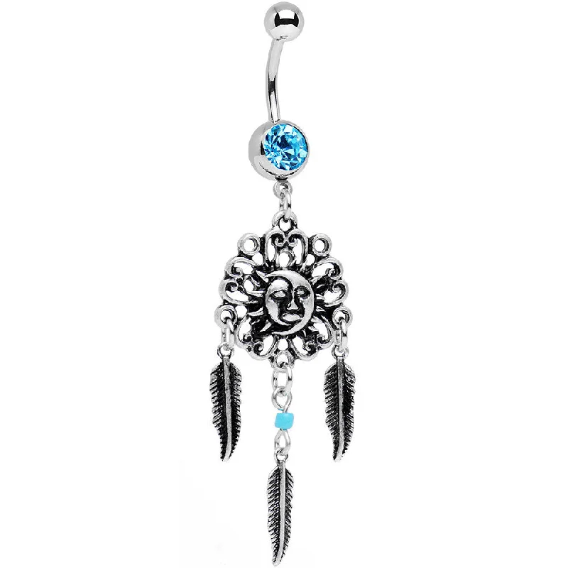 Comfortable Belly Rings for Everyday Glam -Aqua Gem Sun and Moon Feather Celestial Daydream Dangle Belly Ring Comfortable Belly Rings for Everyday Glam -Aqua Gem Sun and Moon Feather Celestial Daydream Dangle Belly Ring
