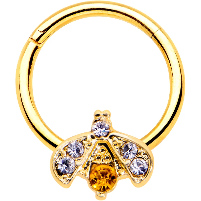 Women's Earrings – Elegant Designs for Every Personality--16 Gauge 3/8 Yellow Gem Gold Tone Fashion Winged Bug Hinged Segment Ring