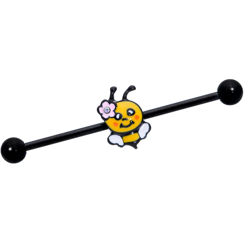 Women's Earrings – Elegant Designs for Every Personality--14 Gauge Aurora Gem Black Yellow Happy Bee Industrial Barbell 38mm