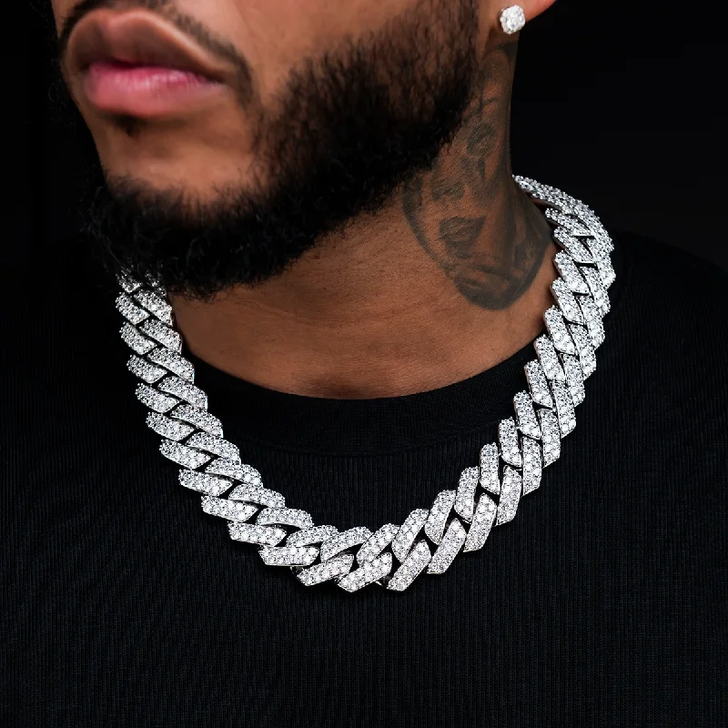 Engraved Metal Bracelets for Men-Diamond Prong Link Chain in White Gold - 25mm