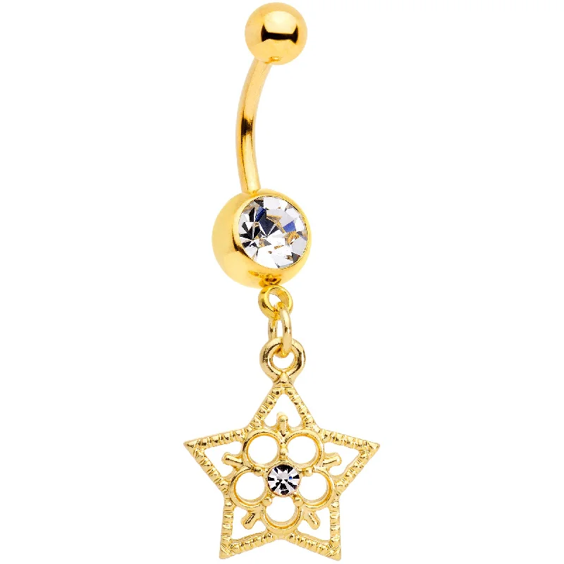 Comfortable Belly Rings for Active Lifestyles -Clear Gem Gold Tone Star and Snow Flower Dangle Belly Ring Comfortable Belly Rings for Active Lifestyles -Clear Gem Gold Tone Star and Snow Flower Dangle Belly Ring