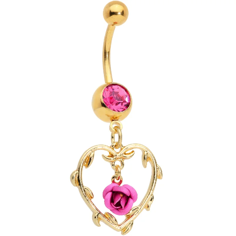 Adjustable Belly Rings for Perfect Fit -Pink Gem Gold Tone Rose Heart Valentines Day Dangle Belly Ring Adjustable Belly Rings for Perfect Fit -Pink Gem Gold Tone Rose Heart Valentines Day Dangle Belly Ring