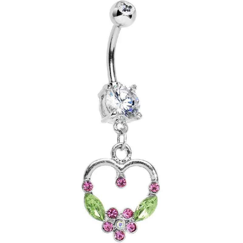 Unique Belly Rings with Personalized Features -Crystalline Gem Floral Hollow Heart Dangle Belly Ring Unique Belly Rings with Personalized Features -Crystalline Gem Floral Hollow Heart Dangle Belly Ring