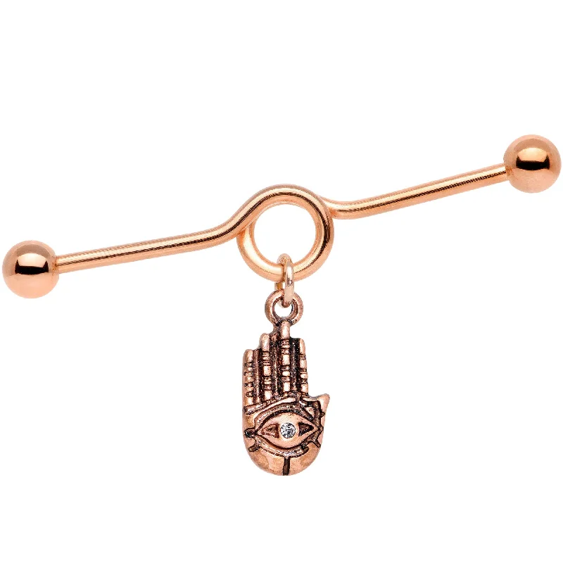 Women's Earrings – Elegant Designs for Every Personality--Clear Gem Rose Gold Tone Hamsa Eye Industrial Barbell 38mm Women's Earrings – Elegant Designs for Every Personality--Clear Gem Rose Gold Tone Hamsa Eye Industrial Barbell 38mm
