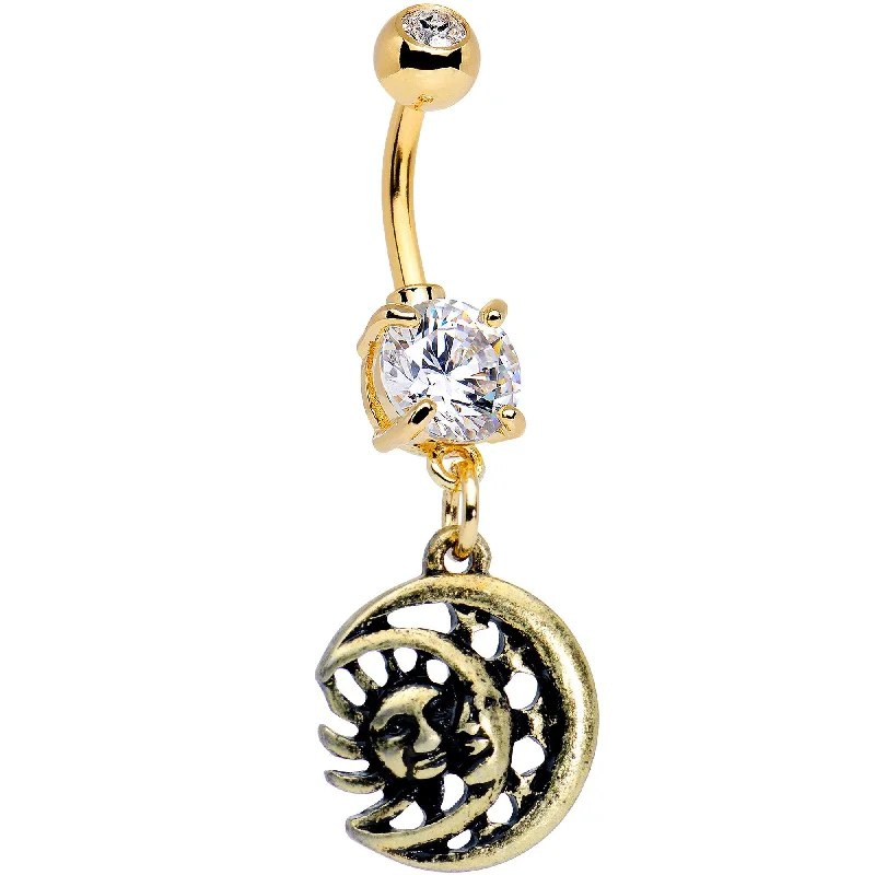 Comfortable Belly Rings with Custom Finish -Clear CZ Gem Gold PVD Sun of the Moon Dangle Belly Ring Comfortable Belly Rings with Custom Finish -Clear CZ Gem Gold PVD Sun of the Moon Dangle Belly Ring