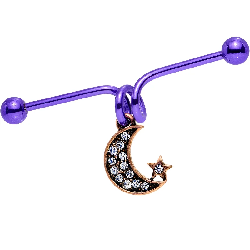 Women's Earrings – Elegant Designs for Every Personality--Clear Gem Purple Anodized Moon Industrial Barbell 38mm Women's Earrings – Elegant Designs for Every Personality--Clear Gem Purple Anodized Moon Industrial Barbell 38mm