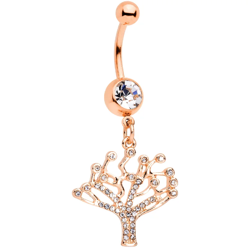 Belly Rings with Gemstone Detailing for Special Touch -Clear CZ Gem Rose Gold Tone Angular Tree of Life Dangle Belly Ring Belly Rings with Gemstone Detailing for Special Touch -Clear CZ Gem Rose Gold Tone Angular Tree of Life Dangle Belly Ring