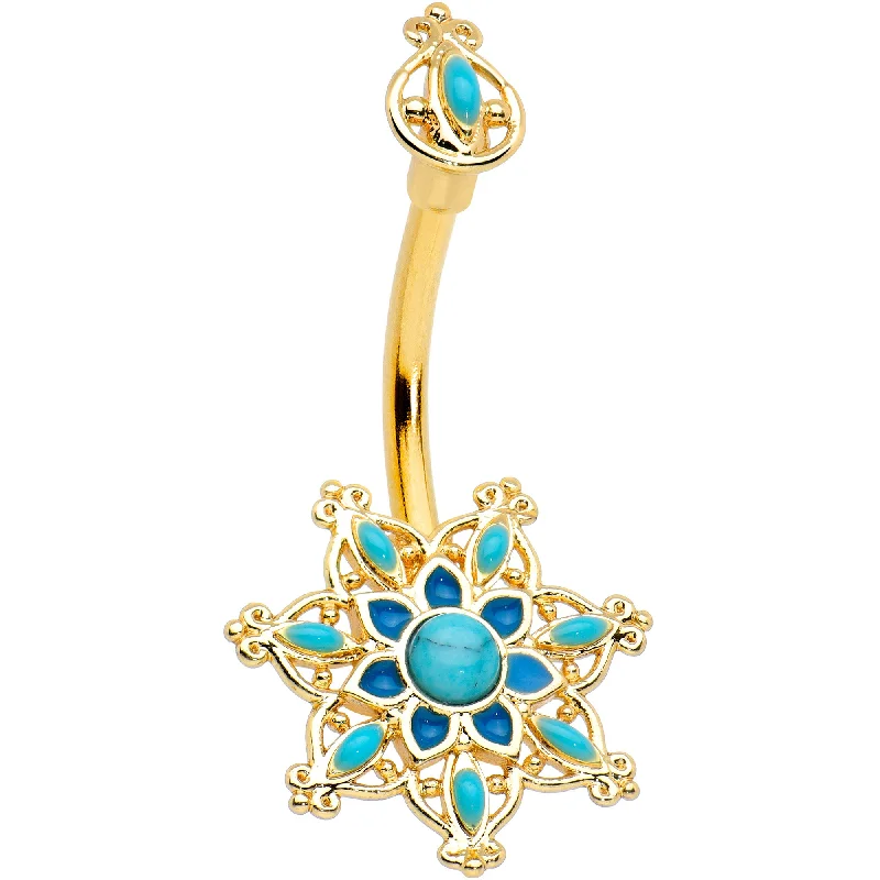 Belly Rings with Unique Features for Modern Style -Blue Turquoise Gold Tone Opulent Flower Double Mount Belly Ring Belly Rings with Unique Features for Modern Style -Blue Turquoise Gold Tone Opulent Flower Double Mount Belly Ring